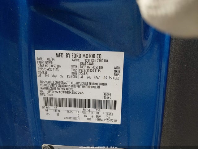 44589916 :رقم المزاد ، 1FTFW1CF0EKE07245 vin ، 2014 Ford F-150 Stx مزاد بيع