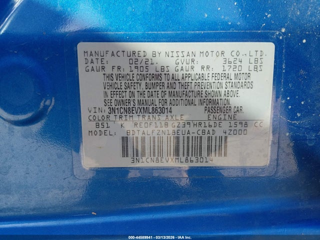 Aukcja sprzedaży 2021 Nissan Versa Sv Xtronic Cvt, vin: 3N1CN8EVXML863014, numer aukcji: 44589941