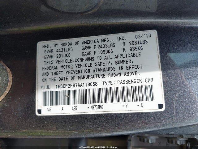 44589975 :رقم المزاد ، 1HGCP2F87AA118058 vin ، 2010 Honda Accord 2.4 Ex-l مزاد بيع
