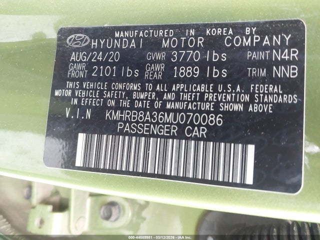 Продаж на аукціоні авто 2021 Hyundai Venue Se, vin: KMHRB8A36MU070086, номер лоту: 44589981