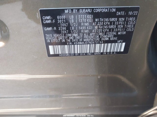 Продажа на аукционе авто 2022 Subaru Ascent Onyx Edition, vin: 4S4WMAJD7N3470744, номер лота: 44589997