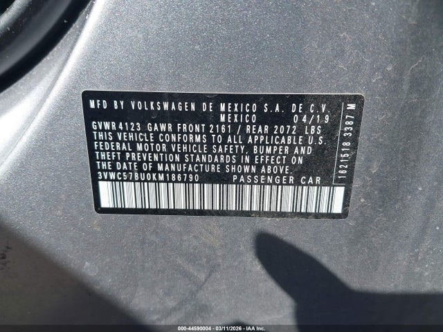 2019 Volkswagen Jetta მანქანა იყიდება აუქციონზე, vin: 3VWC57BU0KM186790, აუქციონის ნომერი: 44590004