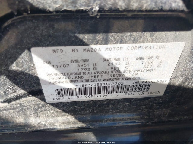 Aukcja sprzedaży 2008 Mazda Mazda3 S Touring, vin: JM1BK323581863202, numer aukcji: 44590007