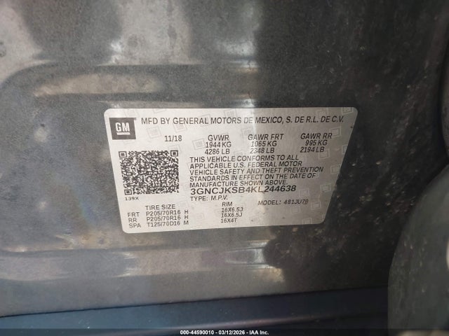 Aukcja sprzedaży 2019 Chevrolet Trax Ls, vin: 3GNCJKSB4KL244638, numer aukcji: 44590010