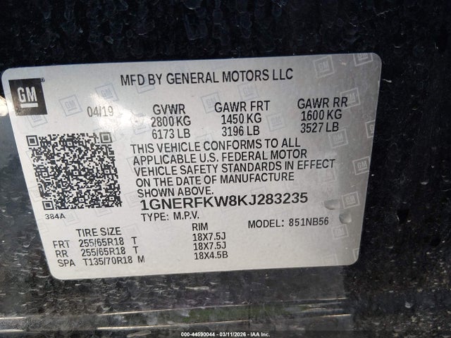 44590044 :رقم المزاد ، 1GNERFKW8KJ283235 vin ، 2019 Chevrolet Traverse Ls مزاد بيع