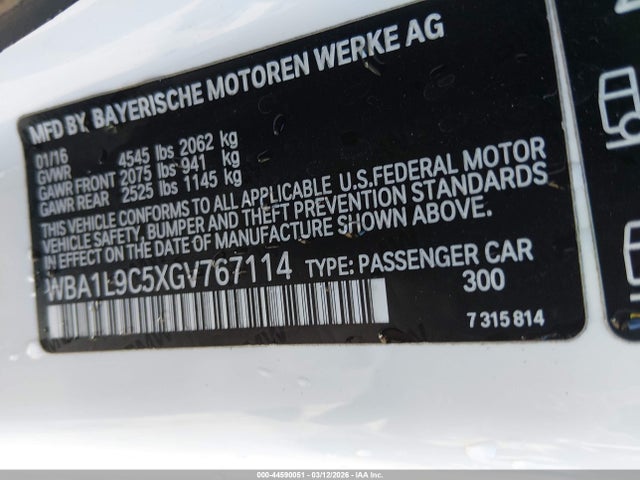 44590051 :رقم المزاد ، WBA1L9C5XGV767114 vin ، 2016 Bmw 228i Xdrive مزاد بيع