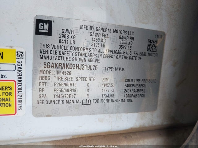 44590054 :رقم المزاد ، 5GAKRAKD3HJ219076 vin ، 2017 Buick Enclave Convenience مزاد بيع