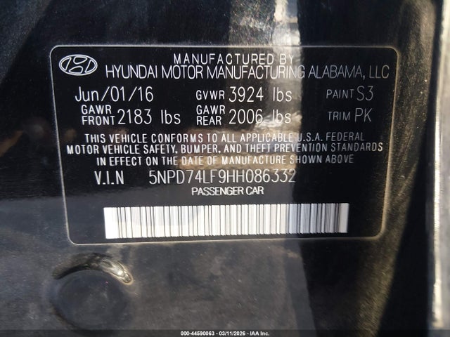 5NPD74LF9HH086332 Hyundai ELANTRA SE