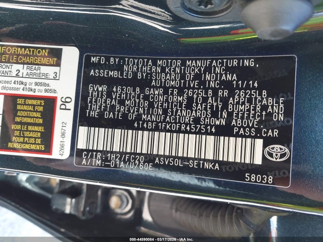 2015 Toyota Camry Le მანქანა იყიდება აუქციონზე, vin: 4T4BF1FK0FR457514, აუქციონის ნომერი: 44590084