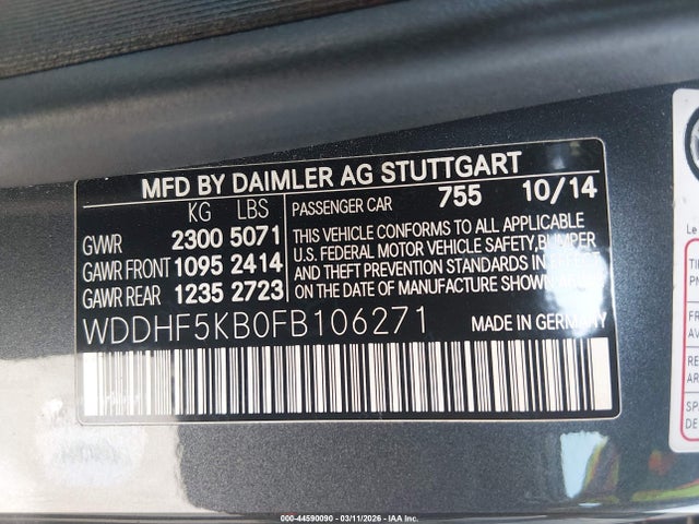 2015 Mercedes-benz E 350 მანქანა იყიდება აუქციონზე, vin: WDDHF5KB0FB106271, აუქციონის ნომერი: 44590090