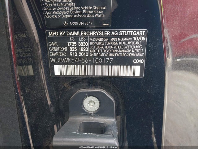 Продаж на аукціоні авто 2006 Mercedes-benz Slk 280, vin: WDBWK54F56F100177, номер лоту: 44590099