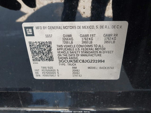 Продаж на аукціоні авто 2018 Chevrolet Silverado 1500 2lz, vin: 3GCUKSEC8JG231994, номер лоту: 44590209