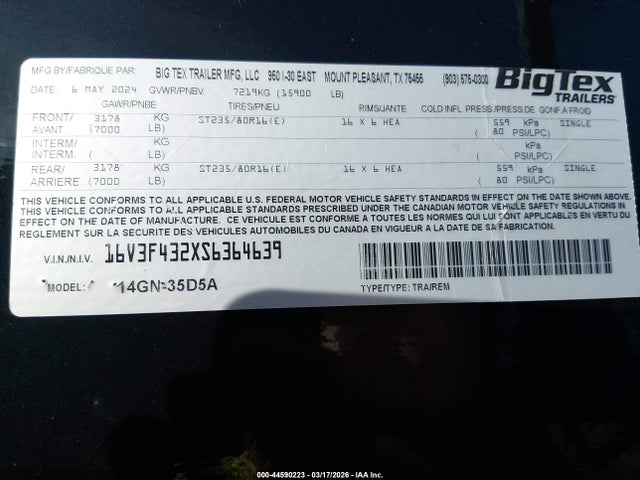 Aukcja sprzedaży 2025 Big Tex Trailer Co Inc Flatbed Gooseneck, vin: 16V3F432XS6364639, numer aukcji: 44590223