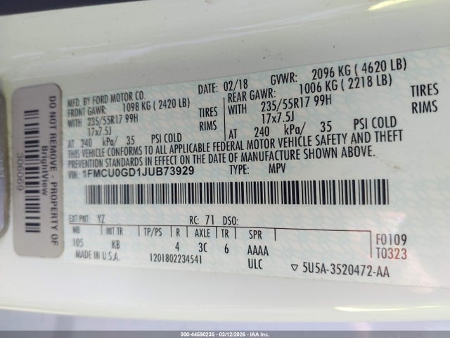 1FMCU0GD1JUB73929 Ford ESCAPE SE