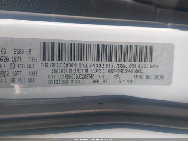 Aukcja sprzedaży 2018 Dodge Durango Gt Rwd, vin: 1C4RDHDG0JC289740, numer aukcji: 44590257