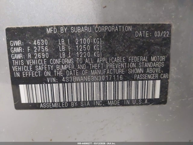 Aukcja sprzedaży 2022 Subaru Legacy Limited, vin: 4S3BWAN63N3017116, numer aukcji: 44590277