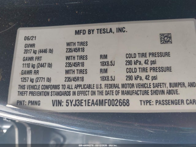 Aukcja sprzedaży 2021 Tesla Model 3 Standard Range Plus Rear-wheel Drive, vin: 5YJ3E1EA4MF002668, numer aukcji: 44590278