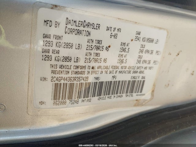 44590293 :رقم المزاد ، 2C4GP44363R357439 vin ، 2003 Chrysler Town & Country Lx مزاد بيع