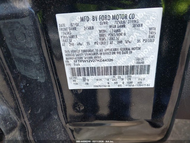 Продаж на аукціоні авто 2007 Ford F-150 Lariat/xlt, vin: 1FTPW12V27KD44326, номер лоту: 44590299