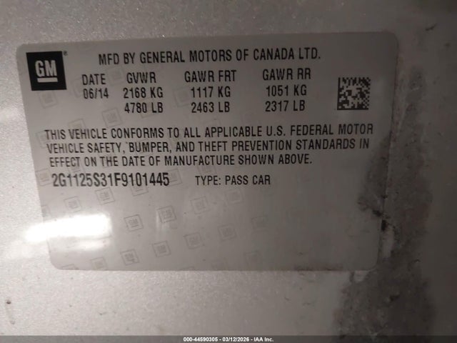 Aukcja sprzedaży 2015 Chevrolet Impala 2lt, vin: 2G1125S31F9101445, numer aukcji: 44590305