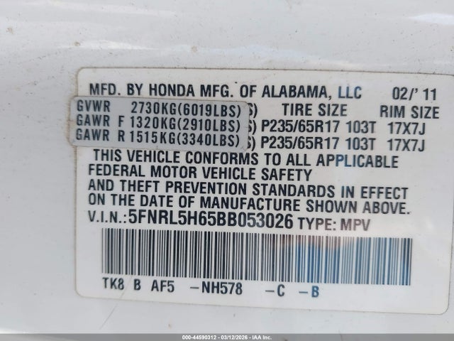 2011 Honda Odyssey Ex-l მანქანა იყიდება აუქციონზე, vin: 5FNRL5H65BB053026, აუქციონის ნომერი: 44590312