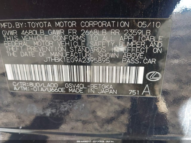 44590317 :رقم المزاد ، JTHBK1EG9A2395895 vin ، 2010 Lexus Es 350 مزاد بيع