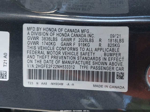 Honda Civic Lx 2022 2HGFE2F22NH533312 Image 9