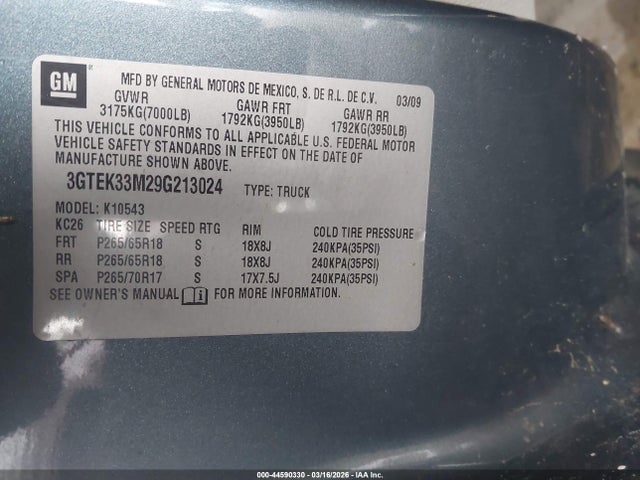 44590330 :رقم المزاد ، 3GTEK33M29G213024 vin ، 2009 Gmc Sierra 1500 Slt مزاد بيع