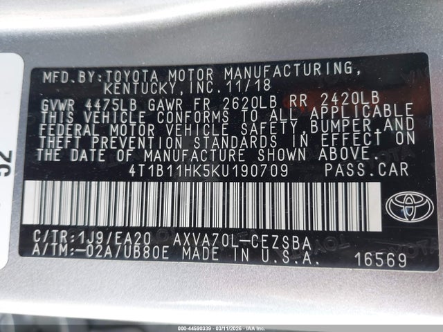4T1B11HK5KU190709 Toyota CAMRY SE