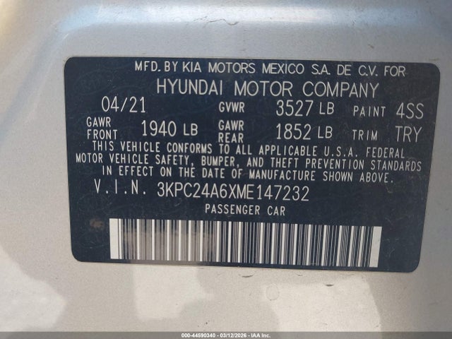 2021 Hyundai Accent Se მანქანა იყიდება აუქციონზე, vin: 3KPC24A6XME147232, აუქციონის ნომერი: 44590340