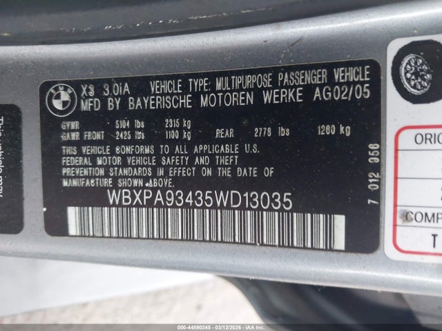 2005 Bmw X3 3.0i მანქანა იყიდება აუქციონზე, vin: WBXPA93435WD13035, აუქციონის ნომერი: 44590345