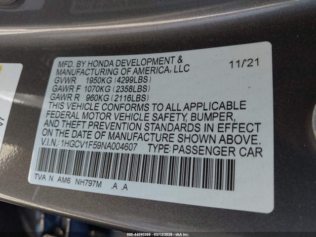 Продажа на аукционе авто 2022 Honda Accord Ex-l, vin: 1HGCV1F59NA004607, номер лота: 44590369