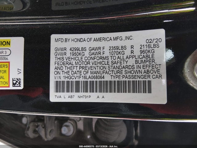Aukcja sprzedaży 2020 Honda Accord Lx, vin: 1HGCV1F16LA068064, numer aukcji: 44590370
