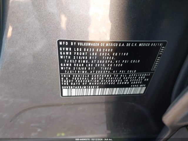 44590378 :رقم المزاد ، 3VV2B7AX5JM163816 vin ، 2018 Volkswagen Tiguan 2.0t Se/2.0t Sel مزاد بيع