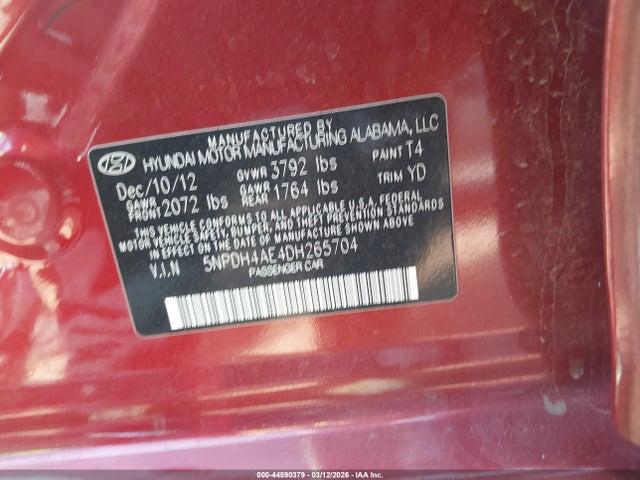 Продаж на аукціоні авто 2013 Hyundai Elantra Gls, vin: 5NPDH4AE4DH265704, номер лоту: 44590379