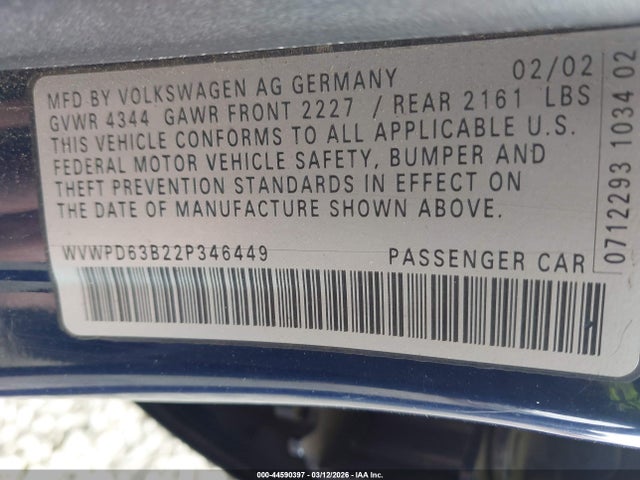 Aukcja sprzedaży 2002 Volkswagen Passat Gls, vin: WVWPD63B22P346449, numer aukcji: 44590397