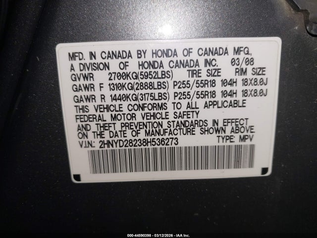 Продаж на аукціоні авто 2008 Acura Mdx, vin: 2HNYD28238H536273, номер лоту: 44590398