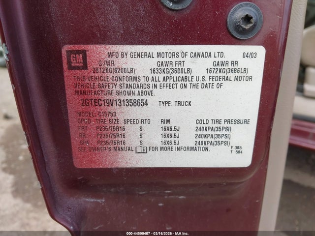 Продажа на аукционе авто 2003 Gmc Sierra 1500 Sle, vin: 2GTEC19V131358654, номер лота: 44590407