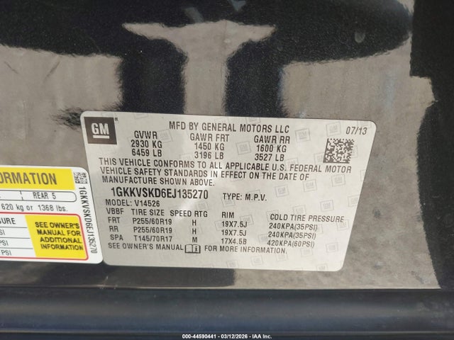 44590441 :رقم المزاد ، 1GKKVSKD6EJ135270 vin ، 2014 Gmc Acadia Slt-2 مزاد بيع