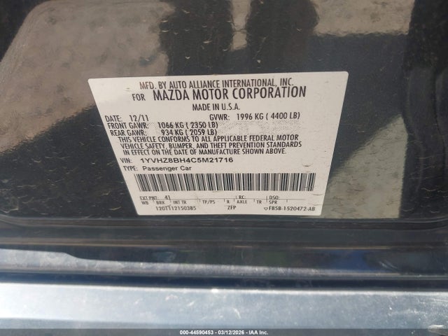 2012 Mazda Mazda6 I Sport მანქანა იყიდება აუქციონზე, vin: 1YVHZ8BH4C5M21716, აუქციონის ნომერი: 44590453