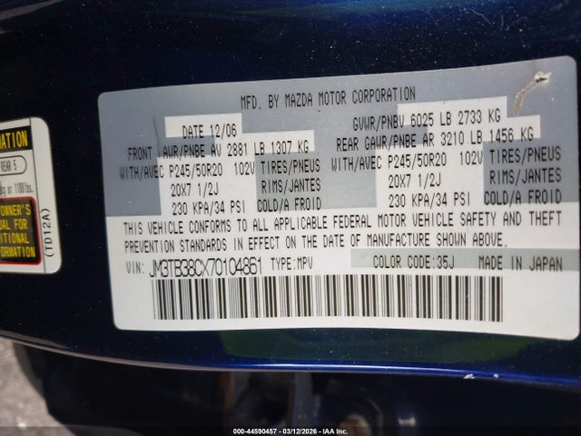 44590457 :رقم المزاد ، JM3TB38CX70104861 vin ، 2007 Mazda Cx-9 Grand Touring مزاد بيع