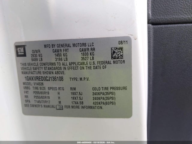 44590488 :رقم المزاد ، 1GKKVRED0CJ136108 vin ، 2012 Gmc Acadia Slt-1 مزاد بيع