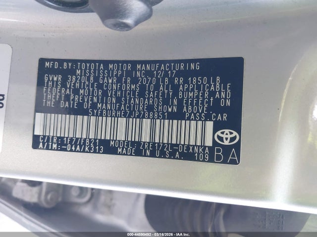 5YFBURHE7JP788851 Toyota COROLLA LE