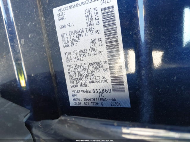 44590493 :رقم المزاد ، 5N1BT3BA8SC851869 vin ، 2025 Nissan Rogue Sv Fwd مزاد بيع