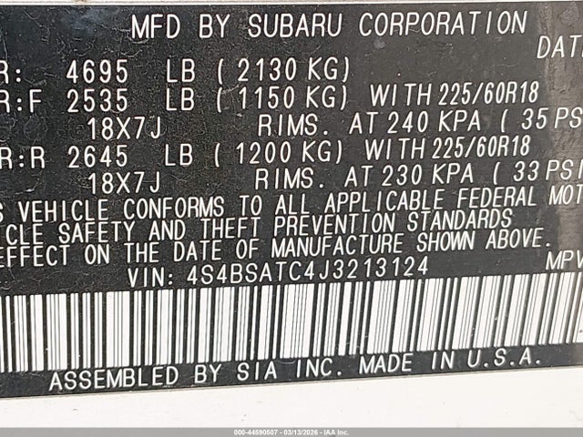 Продаж на аукціоні авто 2018 Subaru Outback 2.5i Touring, vin: 4S4BSATC4J3213124, номер лоту: 44590507