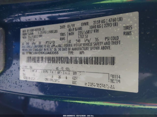Aukcja sprzedaży 2019 Ford Escape Sel, vin: 1FMCU9HD6KUA83955, numer aukcji: 44590518