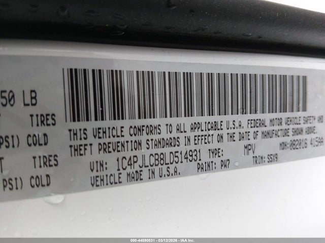 44590531 :رقم المزاد ، 1C4PJLCB8LD514931 vin ، 2020 Jeep Cherokee Latitude Fwd مزاد بيع