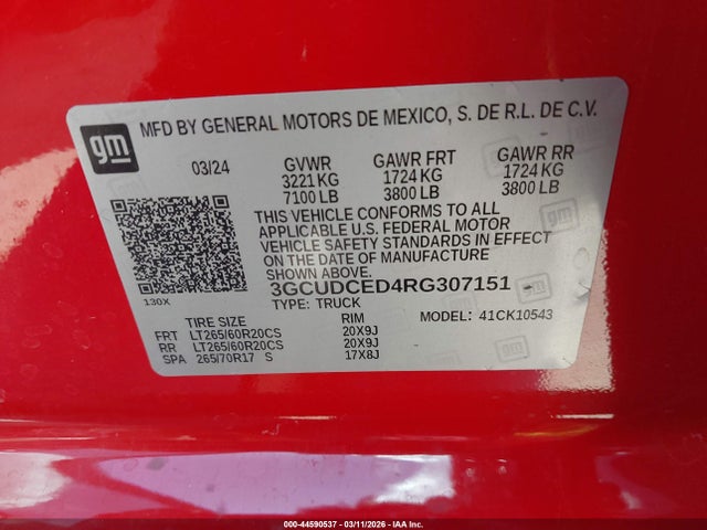 Aukcja sprzedaży 2024 Chevrolet Silverado 1500 4wd  Short Bed Custom Trail Boss, vin: 3GCUDCED4RG307151, numer aukcji: 44590537
