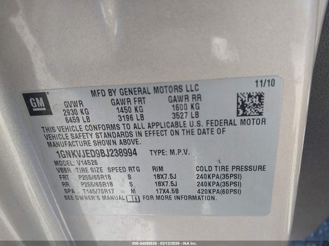 Продаж на аукціоні авто 2011 Chevrolet Traverse 2lt, vin: 1GNKVJED9BJ238994, номер лоту: 44590538