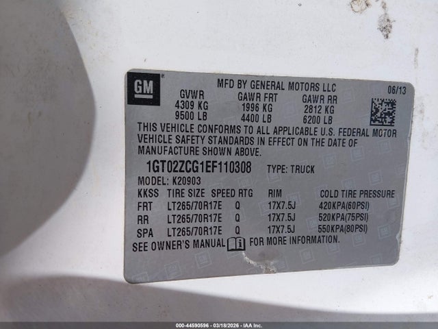 44590596 :رقم المزاد ، 1GT02ZCG1EF110308 vin ، 2014 Gmc Sierra 2500hd Work Truck مزاد بيع